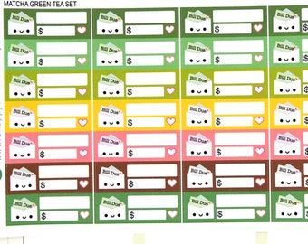 Happy Bill Due (Matcha Green Tea Set Colors) Reminder Label Cute Kawaii Vertical Erin Condren Planner Stickers Mambi Personal Budget Money