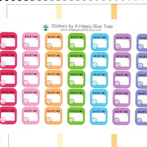 May include: A sheet of colorful stickers with the word "Overtime" and a clock face on each sticker. The stickers are in various colors, including pink, orange, green, blue, and purple.