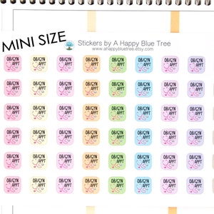 May include: A sheet of 36 mini stickers with the text "OB/GYN APPT" in black text on a variety of pastel coloured squares. The stickers are designed for use in a planner or calendar.