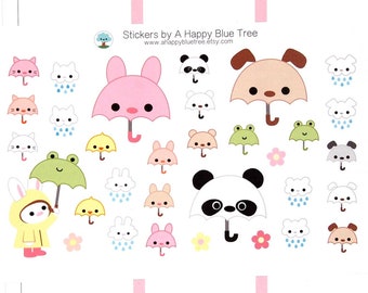 Happy Umbrella Friends Stickers Erin Condren Life Planner ECLP Mambi Kikkik Personal A5 Midori Kikkik Panda Kawaii Cute Funny Rainy Dog Cat