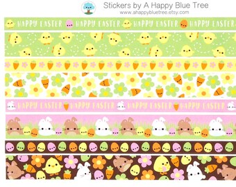 Happy EASTER Chicks and Bunnies Washi Strip Stickers Sheet Erin Condren Life Planner ECLP Mambi Personal A5 A6 Plum Midori Kawaii Cute Funny