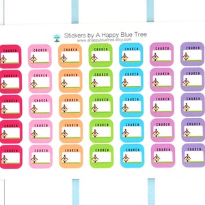 Puede incluir: Una hoja de 36 pegatinas coloridas que representan un pequeño edificio de iglesia con un espacio en blanco para escribir. Las pegatinas son de varios colores, incluyendo rojo, rosa, naranja, verde, azul y morado. El texto "Stickers by A Happy Blue Tree" y "www.ahappybluetree.etsy.com" está impreso en la parte superior de la hoja.