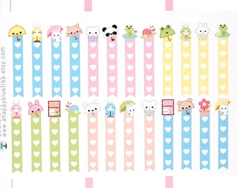 May include: A set of colorful planner stickers featuring cute animal illustrations. The stickers are on a white background with pink, yellow, blue, and green accents. The stickers are designed for use in a planner or journal.