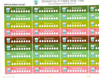 Happy Hydrate Label (Matcha Green Tea Set Colors) Daily Stickers Tracker Reminder Erin Condren Life Planner Mambi Create Cute Water 8 Cups