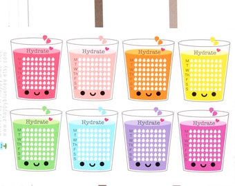 Happy Hydrate Water Glass Weekly (RAINBOW colors) Tracker Reminder Stickers Erin Condren Life Planner Mambi Vertical ECLP Kawaii Cute