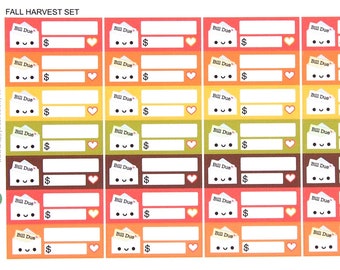 Happy Bill Due (FALL HARVEST Kit Colors) Reminder Label Cute Kawaii Vertical Erin Condren Planner Stickers Mambi Personal Cute Fruit Budget