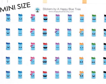 May include: A sheet of 36 mini stickers featuring various cartoon water bottle designs. Each bottle has a different facial expression and color, including blue, pink, purple, orange, green, and black. The text "MINI SIZE" is at the top of the sheet, and the text "Stickers by A Happy Blue Tree" is in the upper right corner.