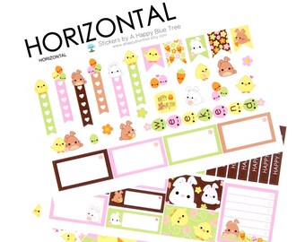 Happy EASTER Chicks Bunnies Sticker Set HORIZONTAL Erin Condren Life Planner ECLP Mambi Kawaii Cute Funny Weekly Kit Spring March April