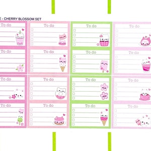 May include: A sheet of planner stickers with a "Cat Cafe - Cherry Blossom Set" theme. The stickers feature pink and green boxes with "To do" labels and cute cat illustrations with desserts. The website address "www.ahappybluetree.etsy.com" is also visible.