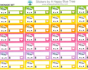 Happy Bill Due (LEMONADE Kit Colors) Reminder Label Cute Kawaii Vertical Erin Condren Planner Stickers Mambi Personal Cute Budget Pay Pink