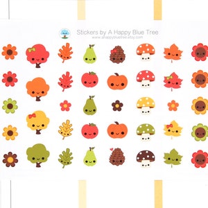 May include: Sheet of colorful fall-themed stickers featuring smiling trees, leaves, apples, pears, mushrooms, flowers, and a pinecone. The stickers are from A Happy Blue Tree Etsy shop.