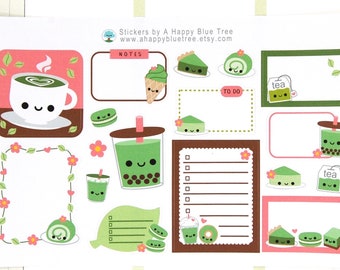 Happy Matcha Green Tea Variety Mix Cute Kawaii Planner Stickers Erin Condren Personal ECLP Kit Vertical Horizontal Japanese Full Half Boxes