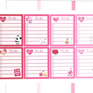May include: Eight pink and white to-do list stickers with cute Valentine's Day themed illustrations. Each sticker has a heart with the word "love" and a to-do list with checkboxes. The illustrations include a panda bear, a mailbox, a cookie, a bunny rabbit, a teddy bear, a heart-shaped card, a slice of bread, and a cloud.