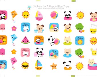 Happy Fun in the Sun Friends Character Stickers Erin Condren Life Planner ECLP Mambi Personal A5 Kikkik Kawaii Cute Summer Dog Cat Panda