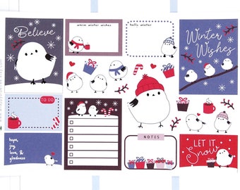 Winter Birds Variety Mix Cute Kawaii Planner Stickers Erin Condren Personal ECLP Kit Vertical Horizontal Full Half Boxes Christmas