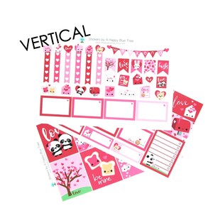 May include: A set of Valentine's Day themed stickers featuring pandas, hearts, and other cute designs. The stickers are arranged in a vertical format and include phrases like "love", "be mine", and "weekend".