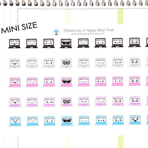 May include: A sheet of stickers featuring various designs of cartoon laptops with different facial expressions. The stickers are labeled "Meeting" and are designed for use in a planner or journal.