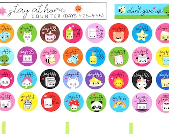 May include: A set of 25 colorful round stickers with cute illustrations and the text "stay at home" and "don't give up". Each sticker has a number from 426 to 455.
