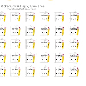 May include: Sheet of planner stickers featuring a repeating pattern of white notebooks with smiling faces, yellow pencils, and the word "TUTORING." The stickers are designed for use in a planner or calendar. The website address "www.ahappybluetree.etsy.com" is visible.