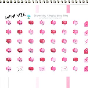 May include: A sheet of pink and white stickers featuring a mailbox design with different numbers from 1 to 31. The stickers are labeled "Mini Size" and are by "A Happy Blue Tree".