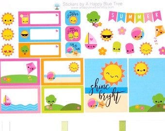 Happy Summer Fun in the Sun Variety Mix Cute Kawaii Planner Stickers Erin Condren Mambi Personal ECLP Mini Kit Vertical Beach