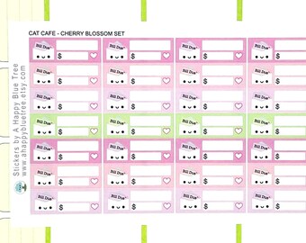 Happy Bill Due (Cat Cafe Set Color) Reminder Label Cute Kawaii Vertical Erin Condren Planner Stickers Mambi Personal Funny Budget Pink Money