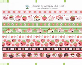 Happy Strawberry Desserts Washi Strip Stickers Sheet Erin Condren Life Planner ECLP Mambi Personal A5 A6 Plum Midori Kawaii Cute Funny Cake