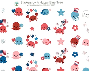Happy Sea to Shining Sea themastickers voor Erin Condren Life Planner ECLP Mambi Personal Plum Kikkik Midori kawaii schattig oceaan patriottisch