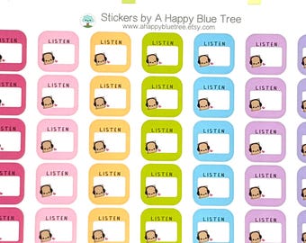 Happy Listen Audio Book Write-in SQUARE Tracker Reminder Stickers Erin Condren Life Planner Mambi  Personal Kawaii Cute Funny Podcast Music