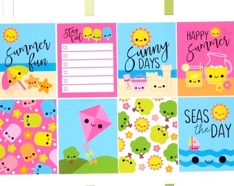 Happy Summer Fun in the Sun Full Box Cute Kawaii Planner Stickers Erin Condren Mambi Personal ECLP Mini Kit Vertical Beach Ball