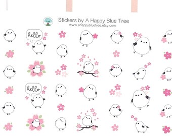 Happy Cherry Blossom Birds Themed Stickers for Erin Condren Life Planner ECLP Mambi Personal Plum Kikkik Midori Kawaii Cute Flower