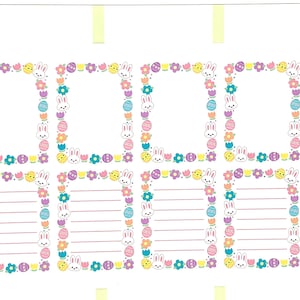 May include: A sheet of Easter-themed planner stickers. Each sticker features a square frame decorated with bunnies, eggs, and flowers in pastel colors. The stickers are on a white background, with the text "Stickers by A Happy Blue Tree".