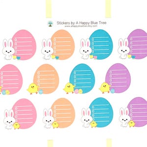 May include: Easter-themed planner stickers featuring colorful egg shapes with checklist boxes, cute bunny and chick illustrations. The stickers are in pink, orange, blue, and purple. Text on the stickers reads "Stickers by A Happy Blue Tree".