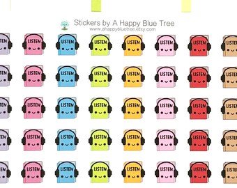 Happy Audio Book Listen Tracker Reminder Cute Kawaii Planner Stickers Erin Condren Midori Calendar Funny Pod Cast Study School Read Music