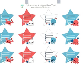 Gelukkig patriottische ster takenlijst volledige doos stickers Erin Condren Life planner verticaal 1,5" inch Mambi kawaii schattig rood wit blauwe kleuren