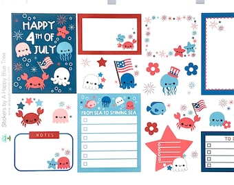 Happy From Sea to Shining Sea verscheidenheid mix schattige kawaii planner stickers erin Condren Mambi persoonlijke ECLP minikit verticale juli onafhankelijkheid