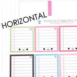 May include: Eight horizontal planner stickers with lined paper and a cute face. The stickers are in various colors, including green, pink, orange, brown, blue, and purple. Each sticker has a small pink heart in the top right corner.