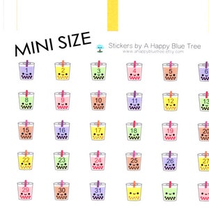 May include: A sheet of 31 mini stickers featuring colorful bubble tea cups with numbers 1 through 31. The stickers are designed in a cartoon style with smiling faces and a straw.