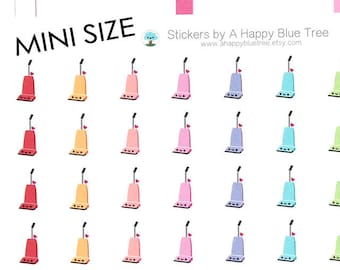 Puede incluir: Una hoja de pegatinas con diferentes aspiradoras de colores. Las pegatinas están etiquetadas con "MINI SIZE" y "Stickers by A Happy Blue Tree".