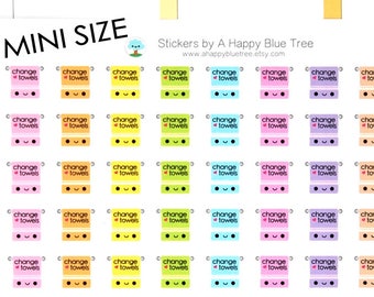 May include: A sheet of 48 mini stickers with a cute cartoon face and the text "change towels" in black. The stickers are in various colors, including pink, yellow, blue, green, and purple.
