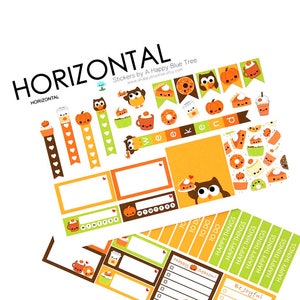May include: A set of horizontal planner stickers featuring a fall theme with owls, pumpkins, donuts, and coffee cups. The stickers are in orange, brown, green, and white.