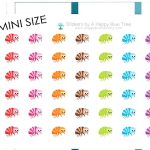 May include: A sheet of mini-sized stickers featuring cartoon bugs in various colors, including pink, orange, brown, green, blue, and purple. The stickers are arranged in rows of four, with each row featuring a different color bug. The text "MINI SIZE" is printed at the top of the sheet.