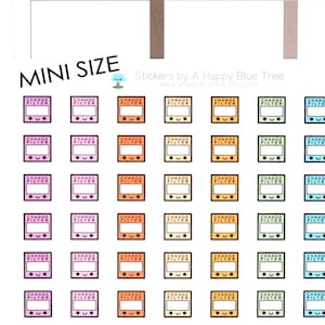 May include: Sheet of planner stickers with a repeating pattern of small, colorful squares. Each square has a smiling face and the words "CHANGE FILTER". Colors include purple, orange, yellow, green, and blue. The words "MINI SIZE" are in the upper left.