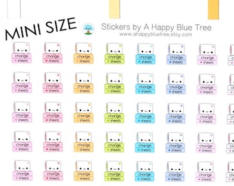May include: A sheet of stickers featuring a cartoon illustration of a stack of paper with a cute face. The stickers are in various pastel colors, including pink, blue, yellow, and green. The text on the stickers reads "change sheets".
