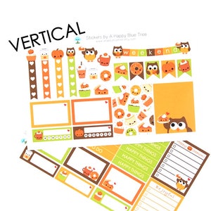 May include: A set of vertical planner stickers featuring a fall theme with owls, pumpkins, coffee cups, donuts, and pie. The stickers are in orange, brown, green, and white.