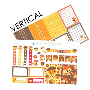May include: A collection of colorful planner stickers with an autumn theme. The stickers feature cute foxes, acorns, and fall leaves. There are also to-do lists and a banner that says "weekend". The text "VERTICAL" is also visible.