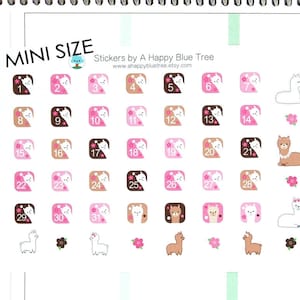 May include: A sheet of 31 mini stickers featuring a cute llama design. Each sticker has a number from 1 to 31, with a pink and brown color scheme. The stickers are perfect for a planner or calendar.
