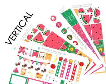 Happy Summer Picnic Sticker Set VERTICAL Erin Condren Life Planner ECLP Mambi Kawaii Cute Funny Weekly Kit  June July August Watermelon