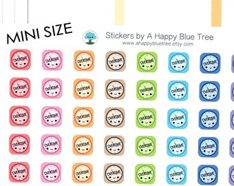 May include: A sheet of colorful stickers with a cartoon clock face and the word "Overtime" on each sticker. The stickers are arranged in rows and columns on a white background. The text "Mini Size" is at the top of the sheet. The text "Stickers by A Happy Blue Tree" and a website address are also included.