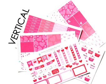 Happy Cupcake Valentines Day Sticker Set VERTICAL Erin Condren Life Planner ECLP Mambi Kawaii Cute Funny Weekly Kit Hearts February
